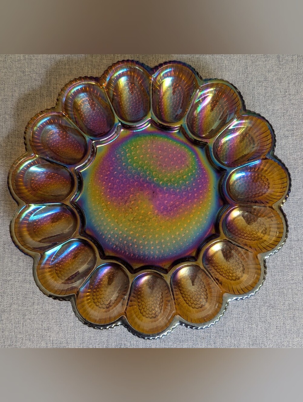 Indiana Carnival Glass Deviled Egg Dish Plate Iridescent Amber Hobnail 15 Slots
